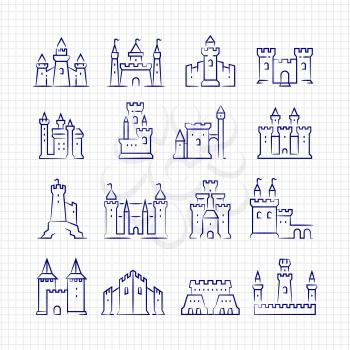 Sketch medieval castles set on lined page isolated . Vector illustration