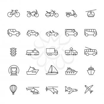 Public passenger transport line icons. Cars and vehicles set. Transportation and shipping outline symbols isolated. Vector scooter and trolleybus illustration