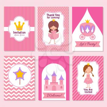 Child happy birthday and princess party pink invitation vector template. Celebration invite, castle and girl illustration