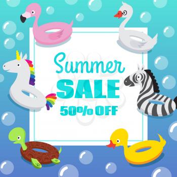 Kids swimming pool party invitation poster with inflatable animal rubber swim float rings. Vector summer sale background