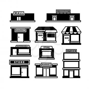 Mall and shop building icons. Shopping and retail pictograms. Supermarket, store exterior vector black symbols isolated. Monochrome building shop and store, market and retail illustration