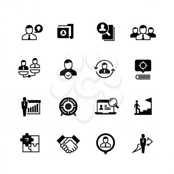 Human resources and person management icons. Job interview, employee choice and recruitment vector symbols isolated. Illustration of job and employee, recruitment in business