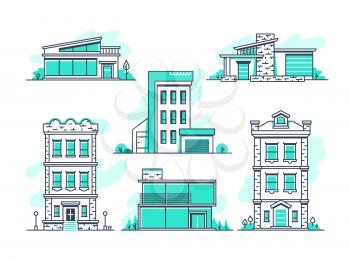 Houses and buildings property and accommodation line icons. Modern architecture outline symbos isolated. Home architecture, garage and housing, vector illustration