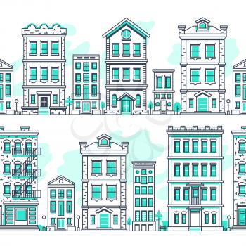 Line art city seamless landscapes. Outline housing, real estate market vector background. House building architecture, urban town street illustration