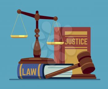 Justice scales and wood judge gavel. Wooden hammer with law code books. Legal and legislation authority vector concept. Justice law judgment, hammer and punishment illustration