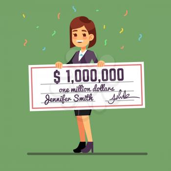 Young smiling woman holding money prize check for one million dollars. Cash lottery winnings and gambling vector concept. Woman with check fortune money million illustration