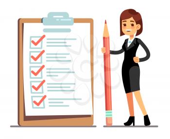 Happy woman holding pencil at giant schedule checklist with tick marks. Business organization and achievements of goals vector concept. Businesswoman with paper check list for plan illustration