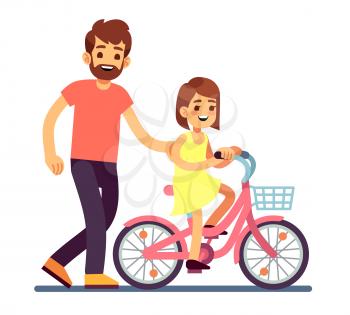 Happy dad teaching daughter cycling bike. Happy family vector concept isolated. Parent and child on bicycle ride illustration