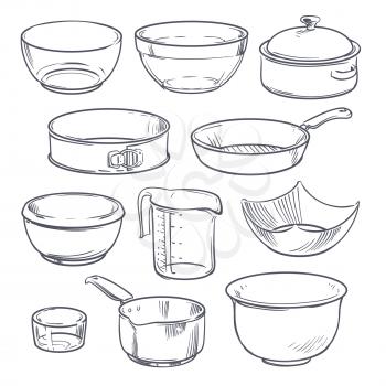 Doodle plastic and glass bowls, pot and frying pan. Vintage hand drawn vector cookware isolated. Bowl for cooking, utensil and dishware illustration