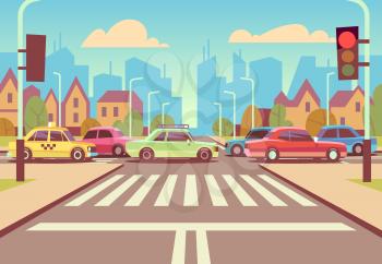 Cartoon city crossroads with cars in traffic jam, sidewalk, crosswalk and urban landscape vector illustration. Road with car on intersection way