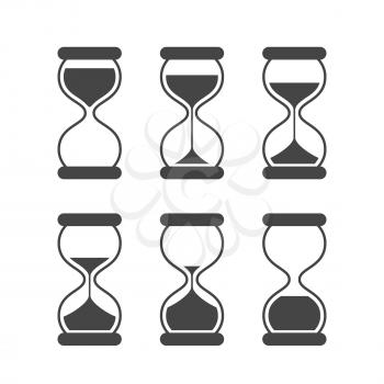 Sands of time, hourglass vector isolated symbols. Old sand clock animated vector icons. Black animated hourglass, timer sand, countdown sandglass animation illustration