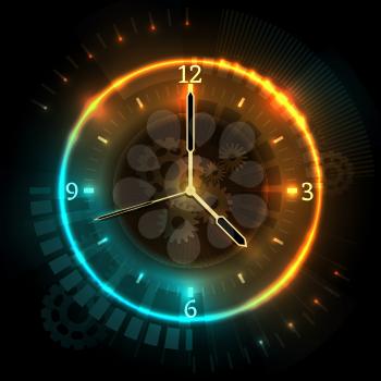 Digital futuristic watch with neon effects. Time abstract vector concept with clock. Time neon clock, watch abstract illustration