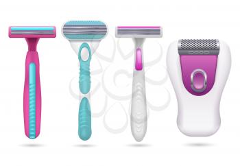Realistic female shaving razor. Woman hygiene shavers vector set isolated. Razor sharp, equipment for removal hair, epilation cutter illustration