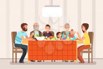 Big happy family eating lunch together in living room cartoon vector illustration. Lunch family, father mother with children and parents