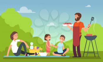 Family at summer picnic. People in bbq party eating food. Grill and barbeque outdoor vector concept. Barbecue cooking, bbq meat on nature illustration