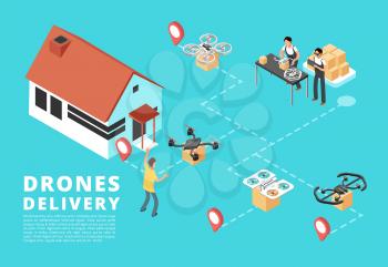 People with quadrupter sending and receiving goods. Drone delivery service vector 3d isometric concept. Illustration of drone technology delivery container
