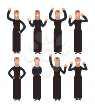 Arab woman standing with different hand gestures and face emotions. Female muslim vector characters set. Illustration of character muslim, arab woman emotion