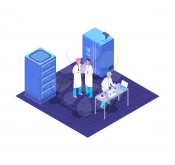 Chemistry, pharmaceutical lab isometric concept with chemical laboratory equipment and biotech vector illustration. Laboratory chemistry 3d isometry with scientist medical