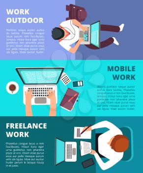 Freelancer journalist working at laptop. Home work, business writing and freelance vector banners. Journalist with laptop, business work office for freelance illustration
