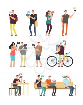 People using cellphone, mobile internet and smartphone addiction vector concept. Cartoon vector characters isolated. Man and woman using smartphone illustration