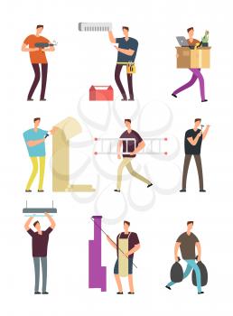 Man in household activities. Repair in apartment various situations vector cartoon characters set. Illustration housework and household man, housekeeping work