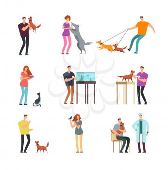 Happy people pet owner. Man, women and family training and playing with pets vector cartoon characters isolated. Illustration of people with dog and cat, bird and fish