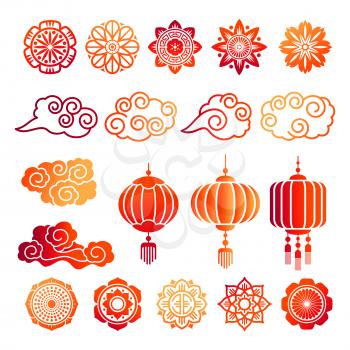 Asian decorative elements collection. Vector japanese, chinese, korean bright icons isolated on white background