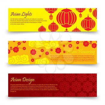 Traditional asian banners template. Vector chinese, japanese lights and flowers banner and poster set illustration