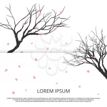Grunge sakura silhouette and flying pink leaves. Romantic japanese vector banner template illustration