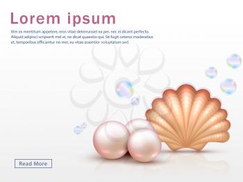 Web page template with realistic shell and pearls and colorful bubbles. Vector seashell background. Illustration of pearl and shell undersea