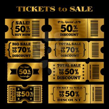 Golden sale tickets vector set. Vector tickets to sale isolated on black background illustration
