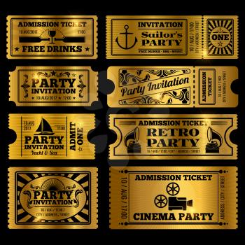 Retro party, cinema, invitation vector tickets set. Vector golden tickets isolated on black background illustration