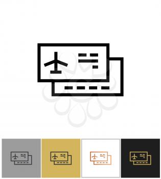 Airplane ticket icon, airliner travel ticket or plane entrance seat sign on white and black backgrounds. Vector illustration