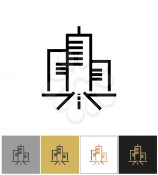City icon, urban living sign or metropolitan residence symbol on white and black backgrounds. Vector illustration