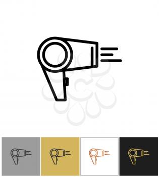 Hair dryer, blowdryer icon, hotel air blowing equipment on white and black backgrounds. Vector illustration