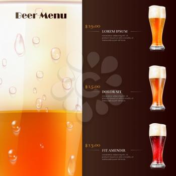 Beer menu flyer template with realistic glasses of beer. Vector illustration