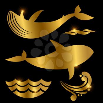 Golden whale and waves vector silhouettes isolated on black background illustration
