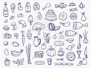 Hand drawn food, vegetables, drinks, snacks, fast food doodle vector icons. Illustration of delicious cheese and eggs, candy and pizza