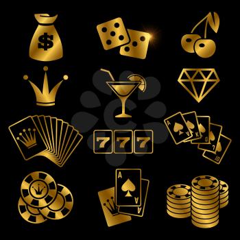 Golden gambling, poker card game, casino, luck vector icons isolated on black background. Illustration casino and poker sign, luck gamble