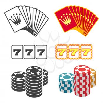 Casino accessorises design. Black and colorful playing cards and chips isolated on white background. Vector illustration