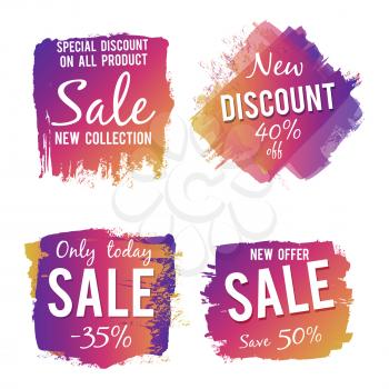 Grunge colorful discount and sale labels isolated on white background. Vector illustration
