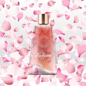 Realistic perfume bottle and flying pink petals background. Beauty bottle product with aroma. Vector illustration