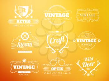 White vintage vector hipster logos and labels set with deer horns on sunny background illustration