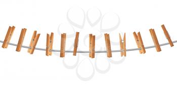 Wooden clothespin on clothes line holding rope vector illustration isolated on white background. Clothesline for household, hang pin or peg