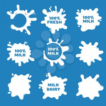 White milk, yogurt and cream splash and blot shapes. Natural dairy product vector labels isolated. Illustration of product yogurt liquid, blot label