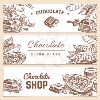 Cocoa beans, chocolate product horizontal vector banners set. Bean cacao, plant and seed for sweetness illustration