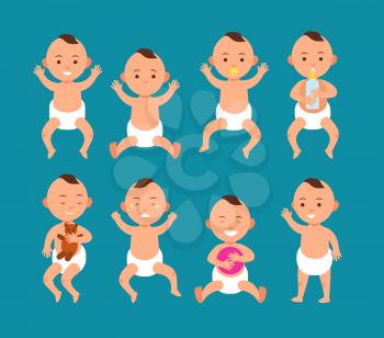Cute baby boy in diaper. Infant with different emotions cartoon vector characters set. Illustration of little newborn childhood, expression baby
