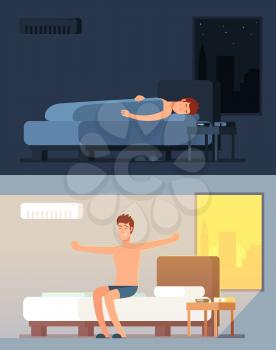 Man peacefully sleeping and dreaming in comfy bed at night and peppy waking up in morning cartoon vector concept. Illustration of night and morning bedroom