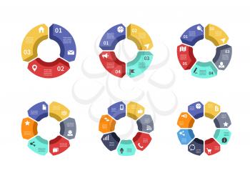Circle infographic, chart, diagram, process workflow vector template. Business presentation with 3 and 4, 5 and 6, 7 and 8 options, parts, steps. Infographic of step strategy, business chart circle