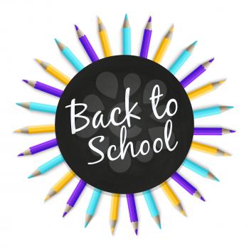 Chalkboard back to school vector banner or poster with realistic color pencils isolated on white background illustration